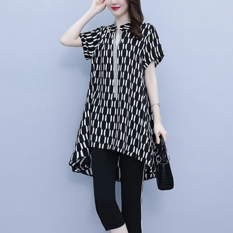 2024 Temperament Printed Half Open Collar Summer Women's Mid Length Short Sleeved Fashion Versatile Elegant Loose Chiffon Tops