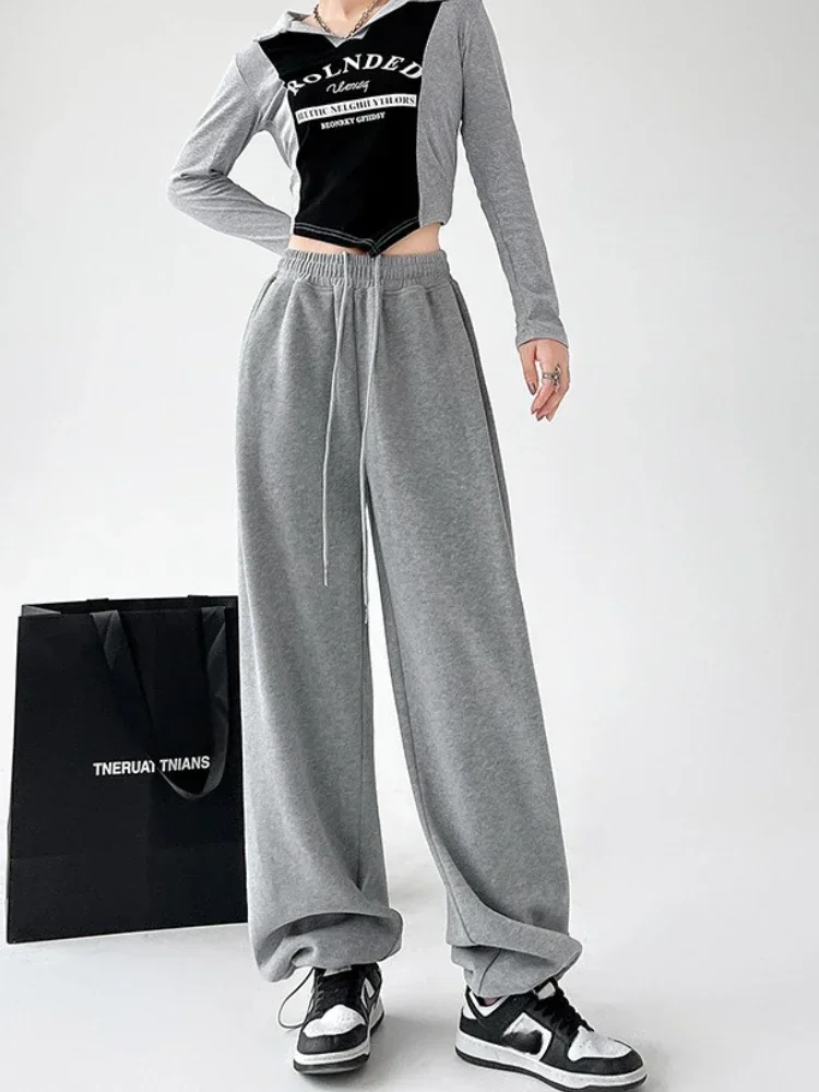 الخريف الشتاء السراويل الرياضية النساء الأمريكية الرجعية عالية الخصر مستقيم Sweatpants عادية فضفاض مرونة الخصر الرباط السراويل الرمادية