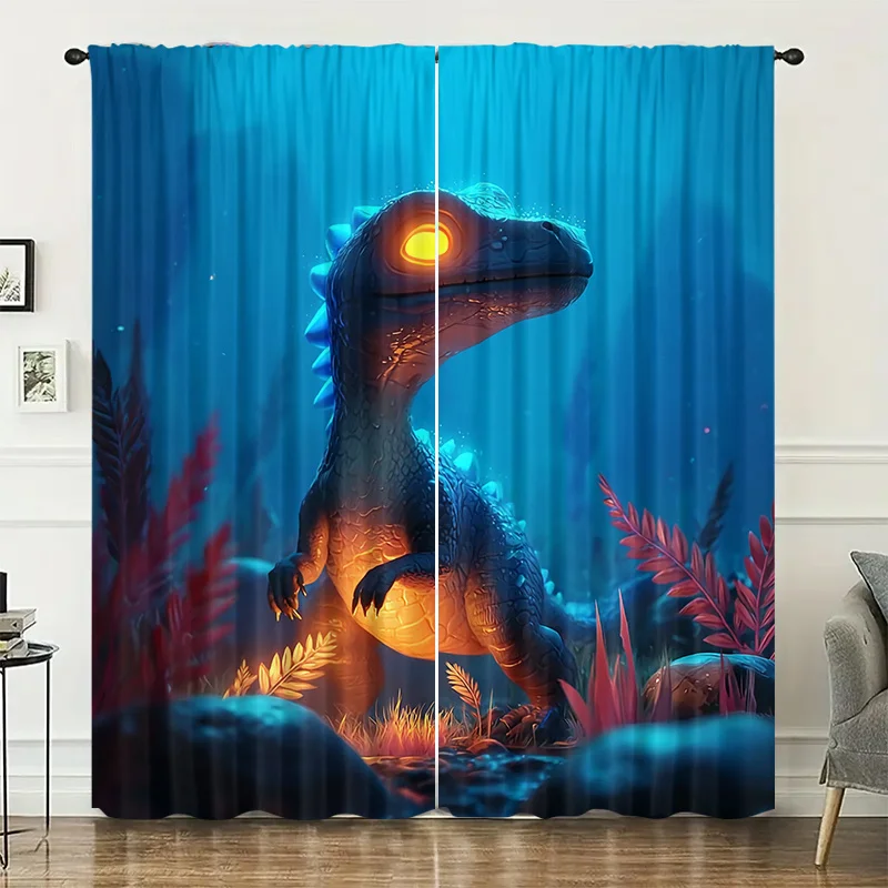 Blue Forest dinosaur curtains, installed using pocket rod method, suitable for bedrooms, living rooms, balconies, for decoration