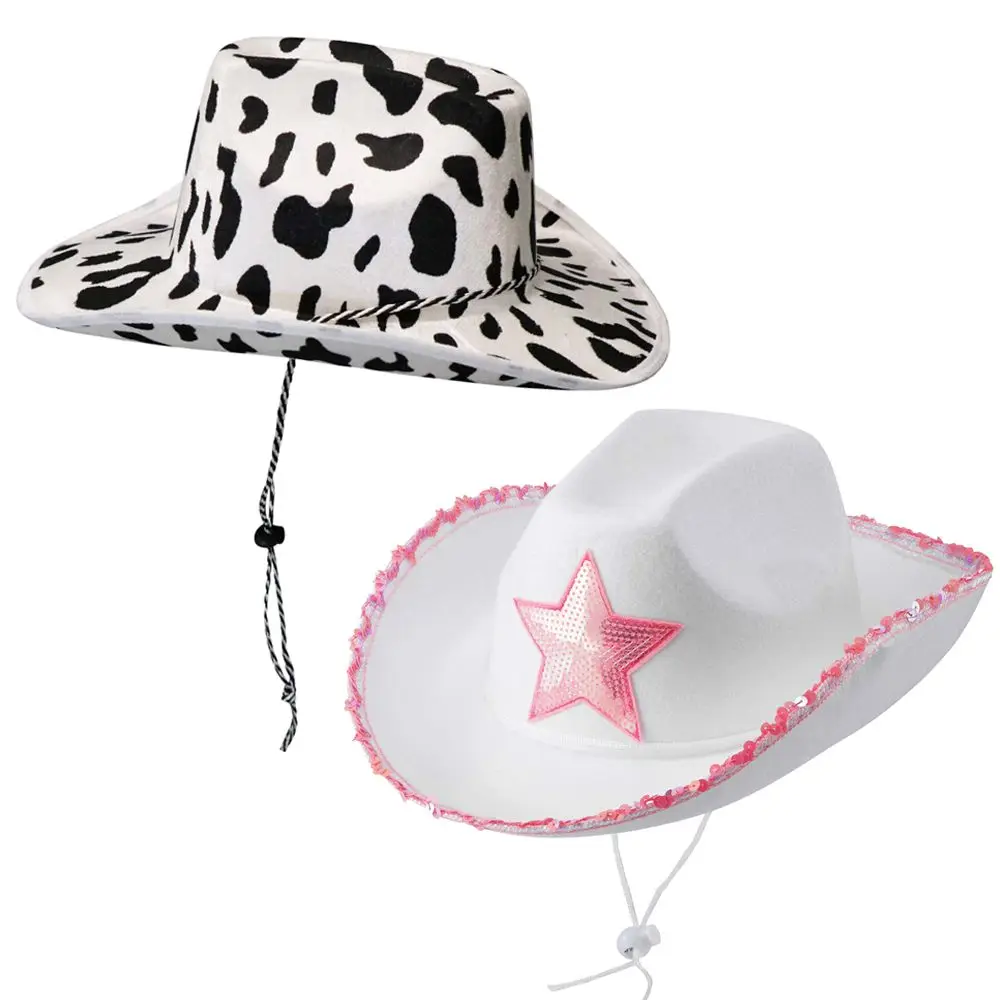 Pink Star White Cowgirl Hat Sequin Trim Fringe Cow Girl Hat Adjustable Cowboy Hat Neck Draw String Costume Party Play Dress-Up