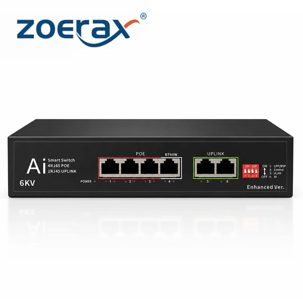 6-Port 100Mbps PoE++ Network Switch, 6KV Lightning Protection, 60W Total Power, 250m Long Transmission, Plug & Play for Home