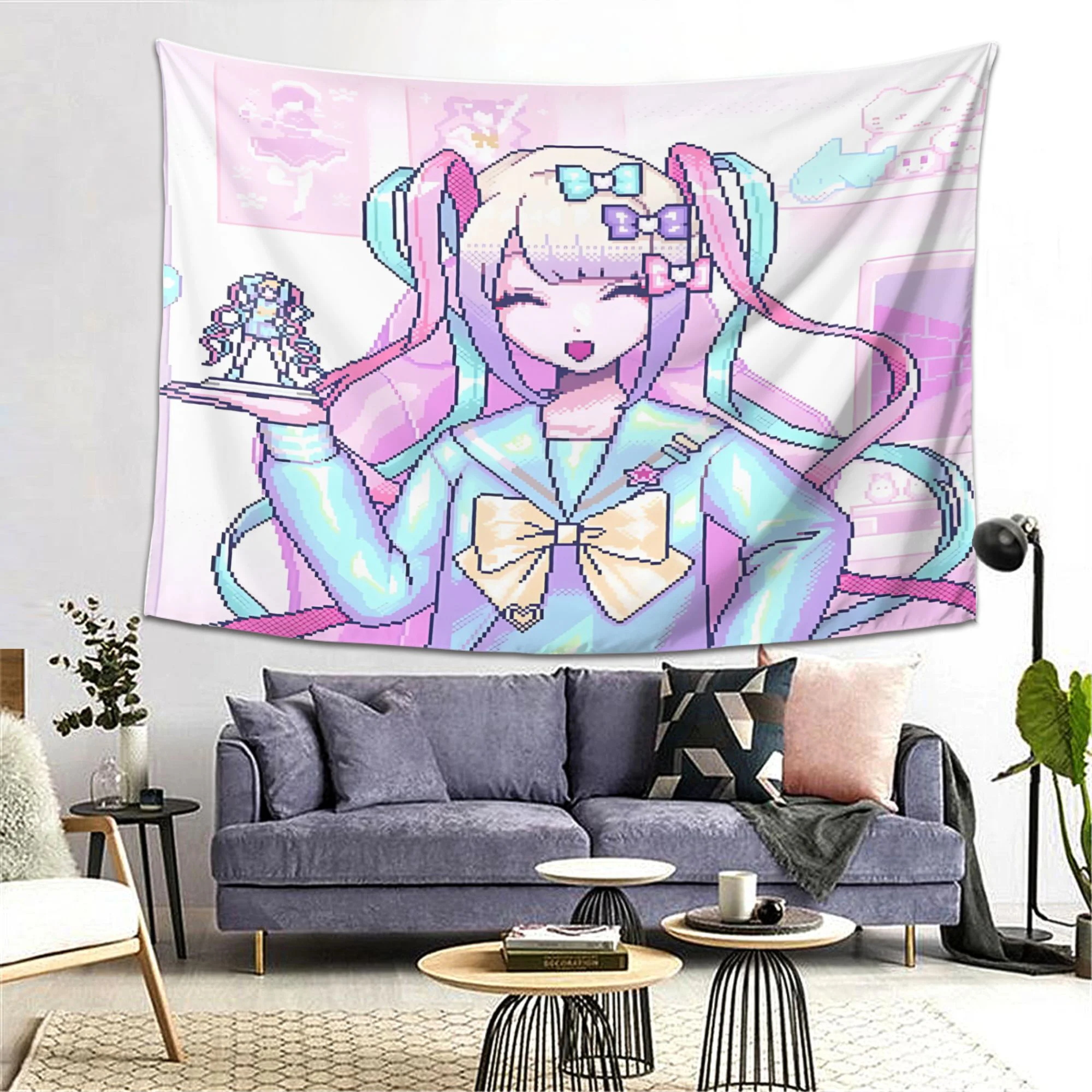 قطعة واحدة من نسيج K-AN-G-EL Nso Peach Light Beige - معلق على الحائط بنمط الرسوم المتحركة النابضة بالحياة مع شخصية شعر وردية، تصميم أزرق وأرجواني،