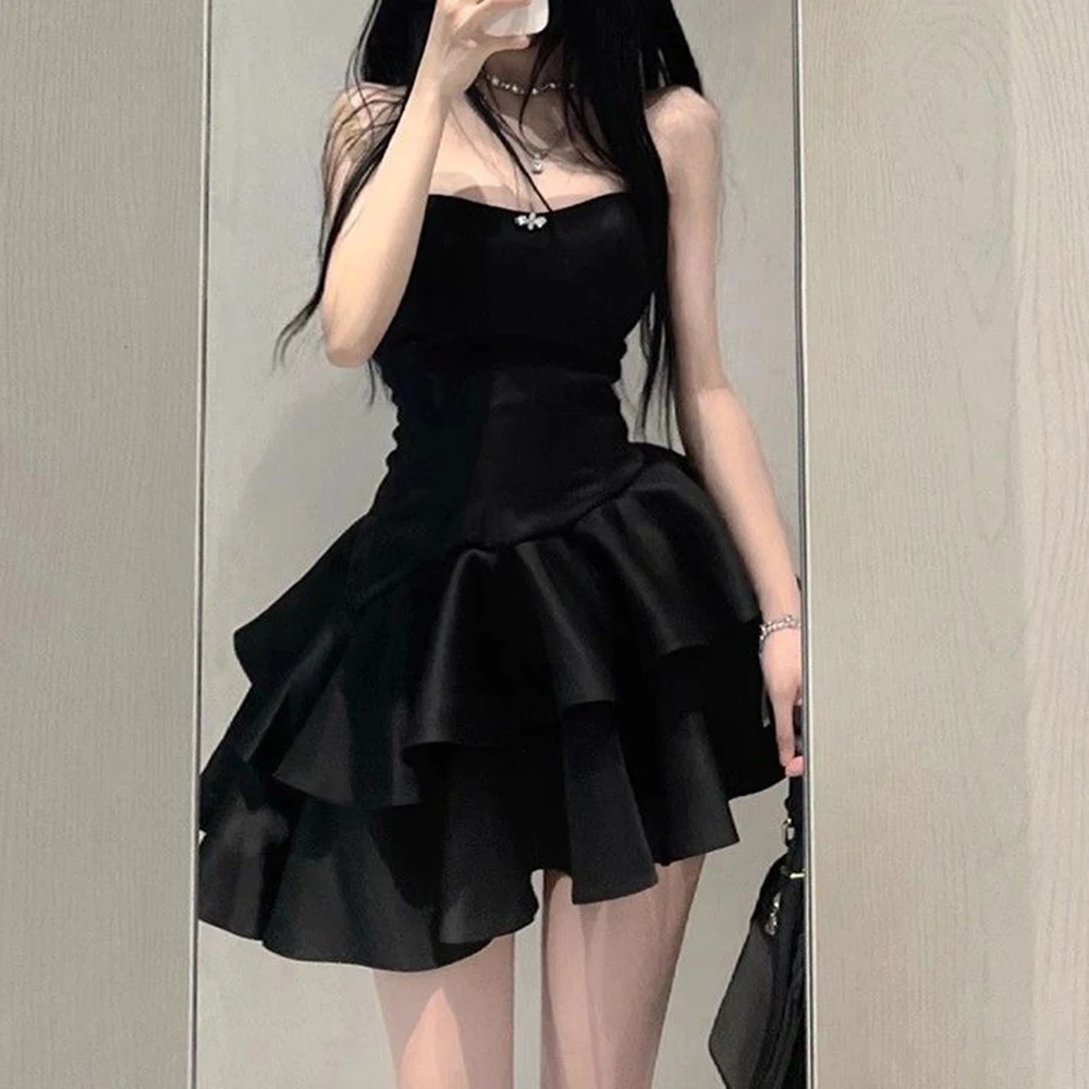 

Holiday birthday satin black strapless dress, women's waist cinching dress, small irregular cake, fluffy short skirt, summer