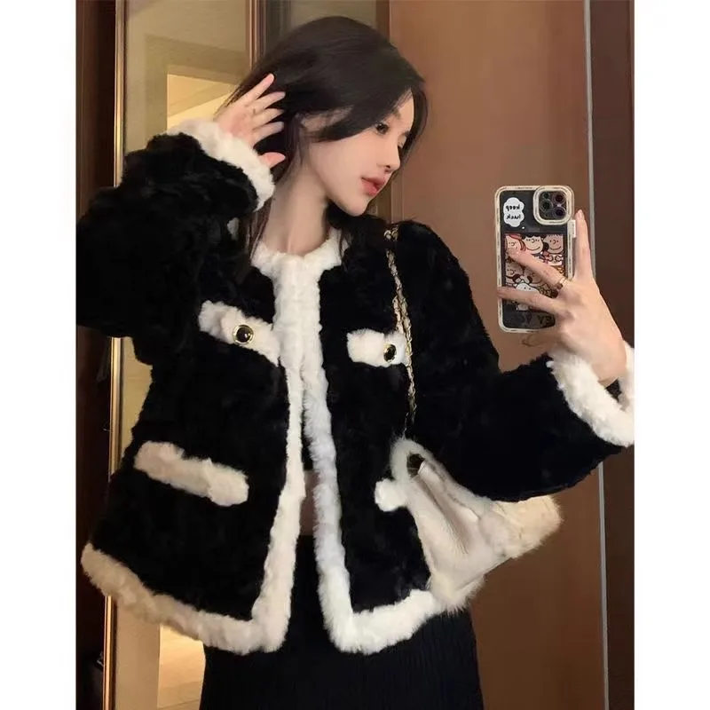 

Black Lamb Plush Coat Women's Spring Autumn Winter Senior Design Sense Niche Fried Street Furry Top Jackets