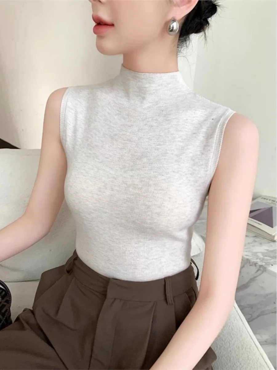 

Женский трикотажный жилет с высоким воротником, весенняя новинка, ультратонкая вязка, облегающий крой, базовый слой для костюма