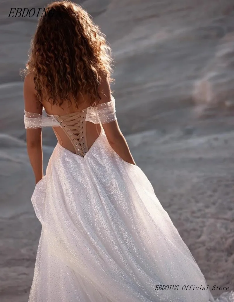 Newest Wedding Dresses A-Line  Sweetheart Neckline Sparkle Short Sleeves Off The Shoulder Customized Vestidos De Novias