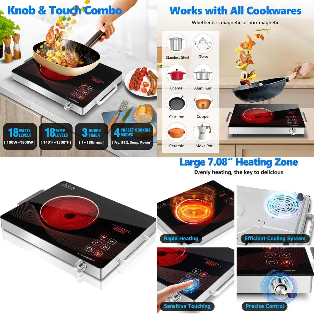 

Compact 1800W Electric Countertop Hot Plate with Adjustable Temperature and Touch Controls