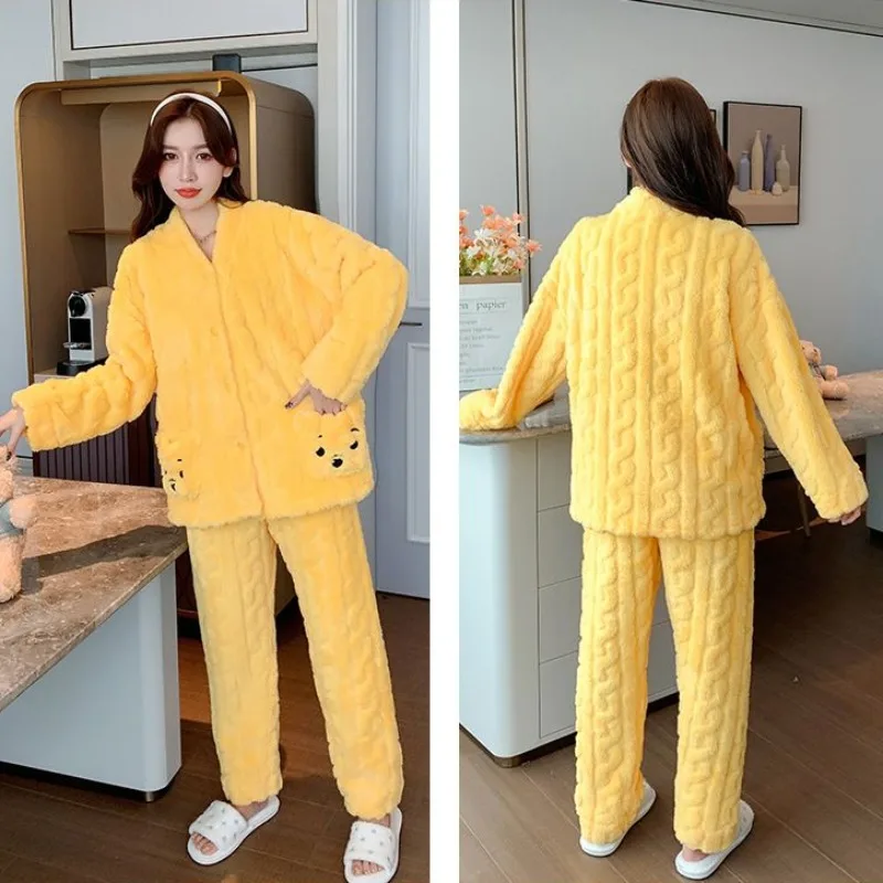 2023 New Bear Winter Pajamas Female Coral Velvet Loungewear Warm Suit Autumn Cute Cartoon V-neck Homewear Thicken Nightwear