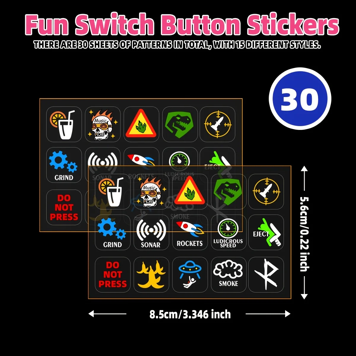 1Set Interior Button Decals, 2 Sheets 30 Patterns, Self-adhesive Vinyl Stickers, No Harm to Car Paint, Cute Various Patterns