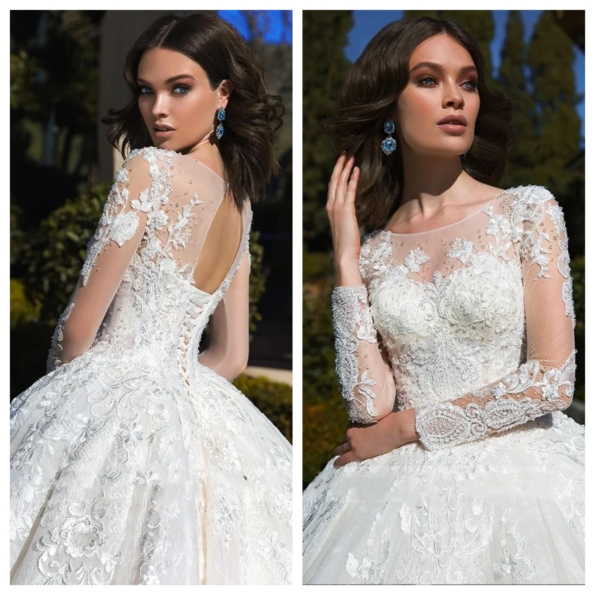 

Classic Lace applique Wedding Dresses Beaded Scoop Neck Long Sleeve Bride Brida Dress Princess vestidos de novia Customized