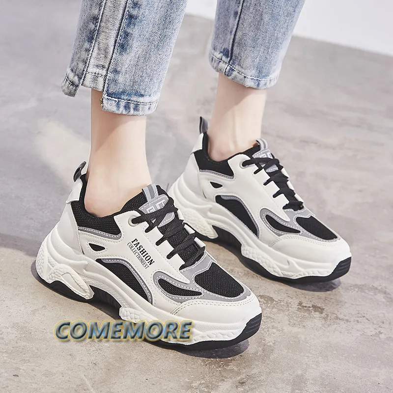 2022 Autumn Spring Summer Women\'s Breathable Mesh Sneakers with Increased Laces Feetsmall Casual Shoesthick Bottom Breathable PU