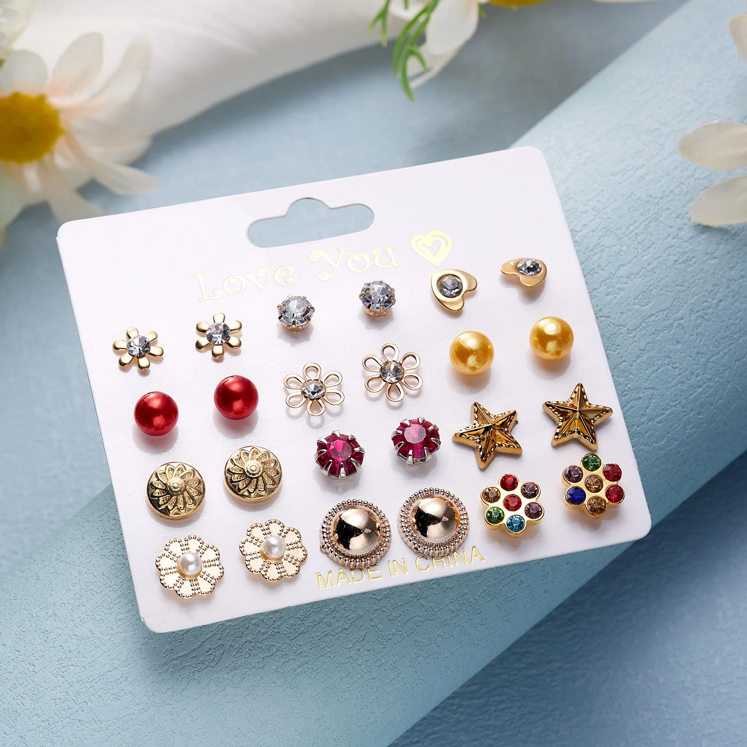 12Pairs Combination Stud Earrings Set Rhinestone Imitation Pearl Rose Flower Small Heart Earring for Women Girl Cute Ear Jewelry