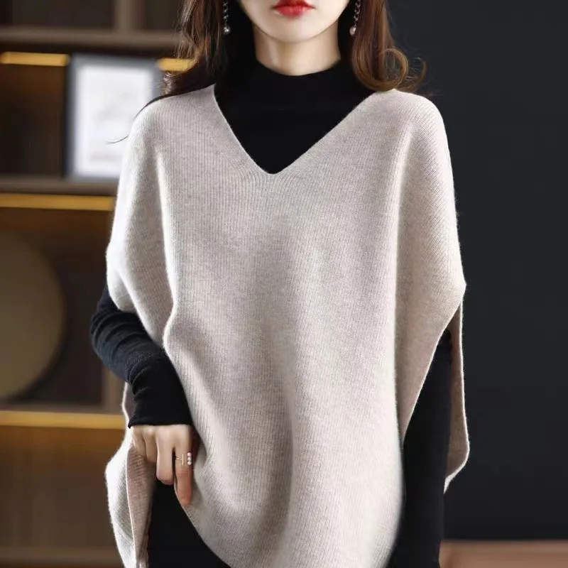 2024 Fashion Women V Neck Long Sleeve Solid Loose Batwing Knitted Sweaters Autumn And Winter Feamle Solid Knitwear Vests R172