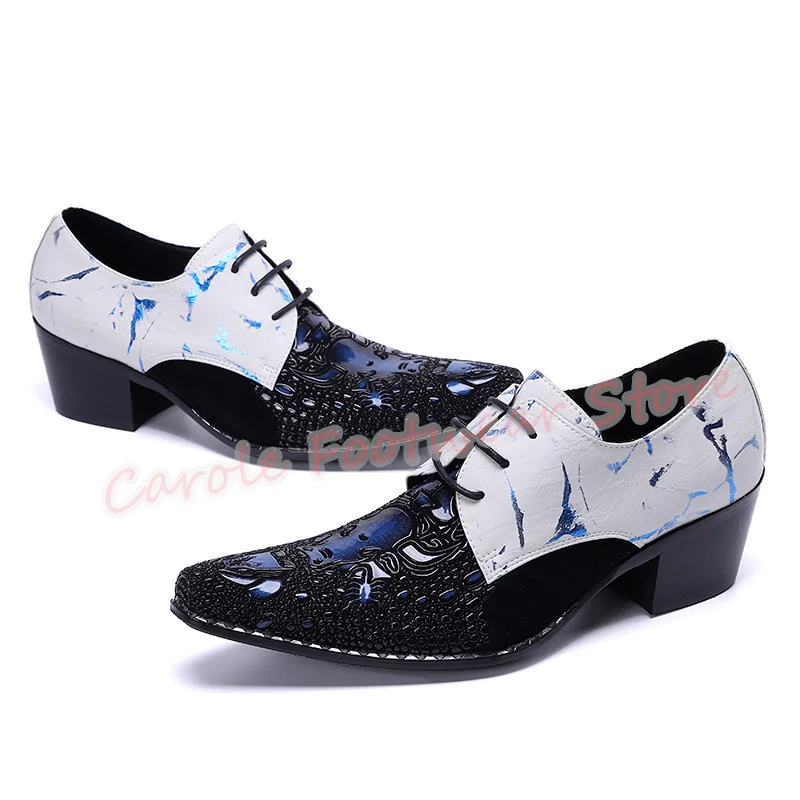 Luxury Genuine Leather Lace-Up Dress Shoes for Men Pointed Toe Chunky Heel Rivet Decor Loafers Male Wedding Dress Oxfords