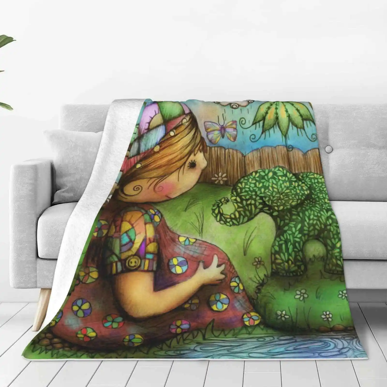 Theres An Elephant In My Garden Creative Design Comfortable Warm Flannel Blanket Green Topiary Cute Nature Animals Girls Karin