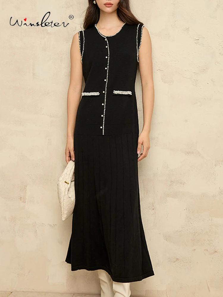 

Winsleter-Women 32.4%Wool Elegant Vest Dress, Sleeveless O Neck Beading, French Versatile Knit Dresses, 2025 Autumn New D59443CC
