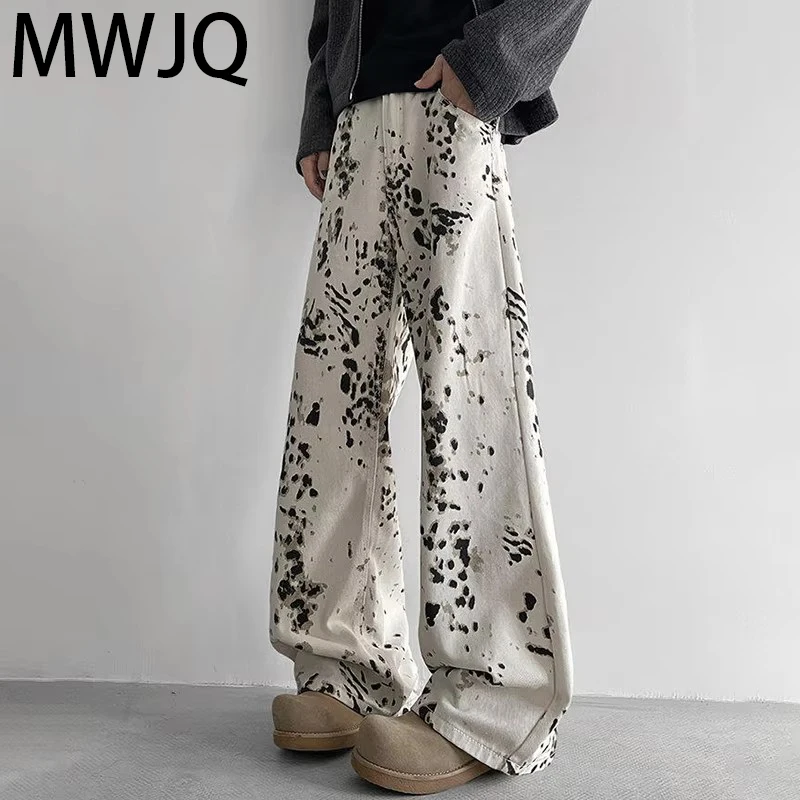 

MWJQ Leopard Print Design Jeans Men's High Street Loose Wide Leg Pants Full Length Denim Trousers 2025 Fashion New 010033