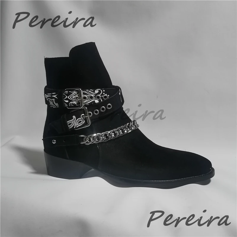 British Style Chain Belt Buckle Chelsea Boots Men's Cow Suede Slip-On Ankle Boots Spring Autumn Trendy Versatile Male Shoes