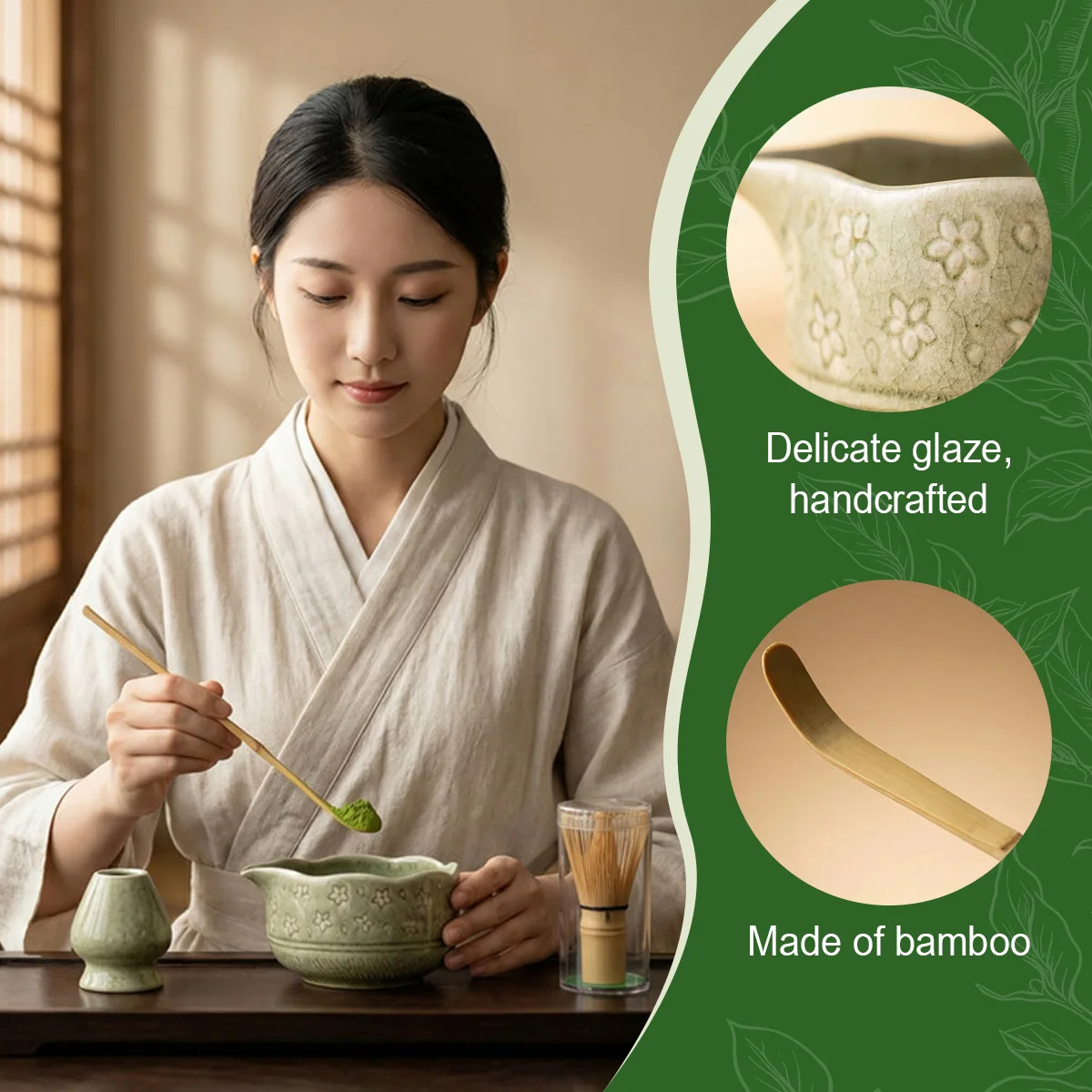 

E5 Matcha Whisk Set 5Pcs Tiny Flower Matcha Set Includes 18.5oz/550ml Chawan with Spout, Bamboo Chasen Whisk with Ceramic Holder