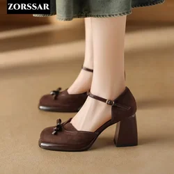 Suede Heels Pumps Women Square Toe Ankle Strap High Heels Shoes Woman Summer Sandals French Elegance Retro Dress Shoes Female