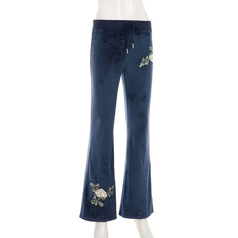 Novo cordão de cintura baixa confortável estilo casual bordado impressão magro ajuste calças casuais para mulher