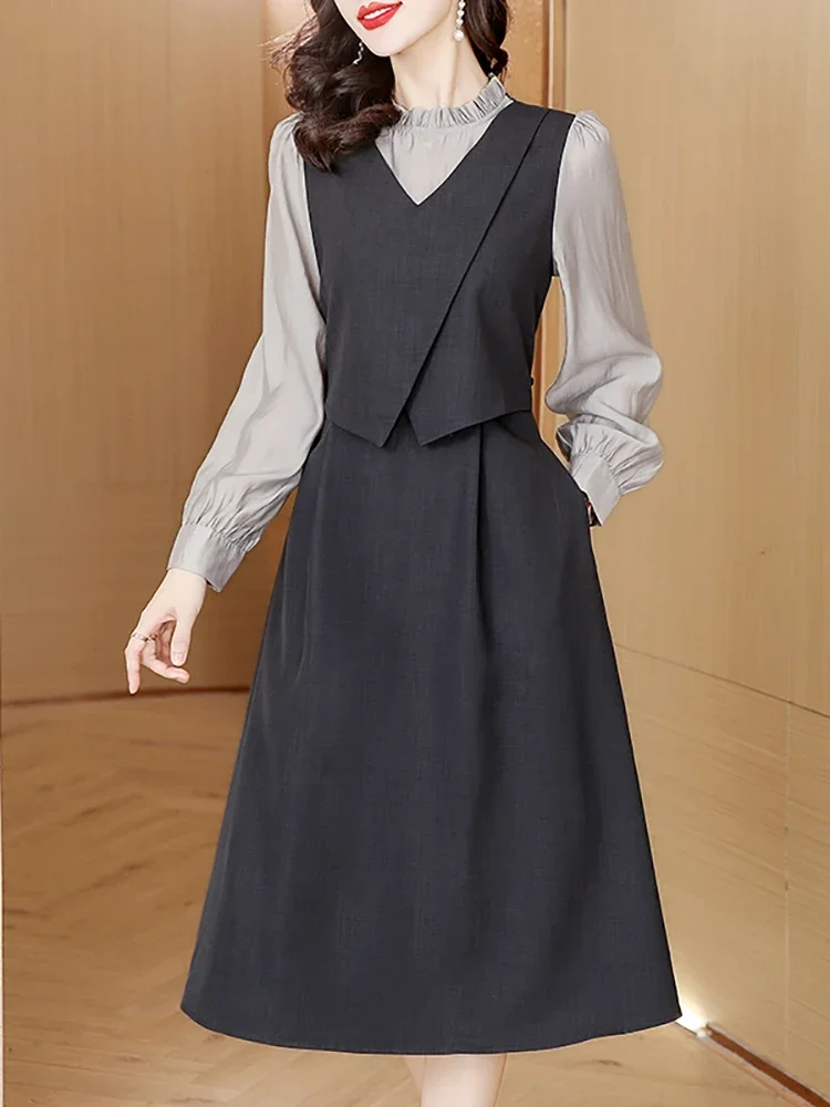 

Fashion Patchowrk Fake Two Piece Female's Clothing Autun Winter Long Sleeve Chic Ruffled Collar Dress 2024 Korean Elegant Dress