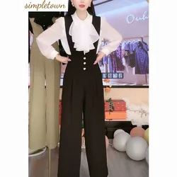 Spring and Autumn 2023 Women Fashion Design Bubble Sleeve Shirt High Waist Strap Wide Leg Pants Women's Two Piece Set