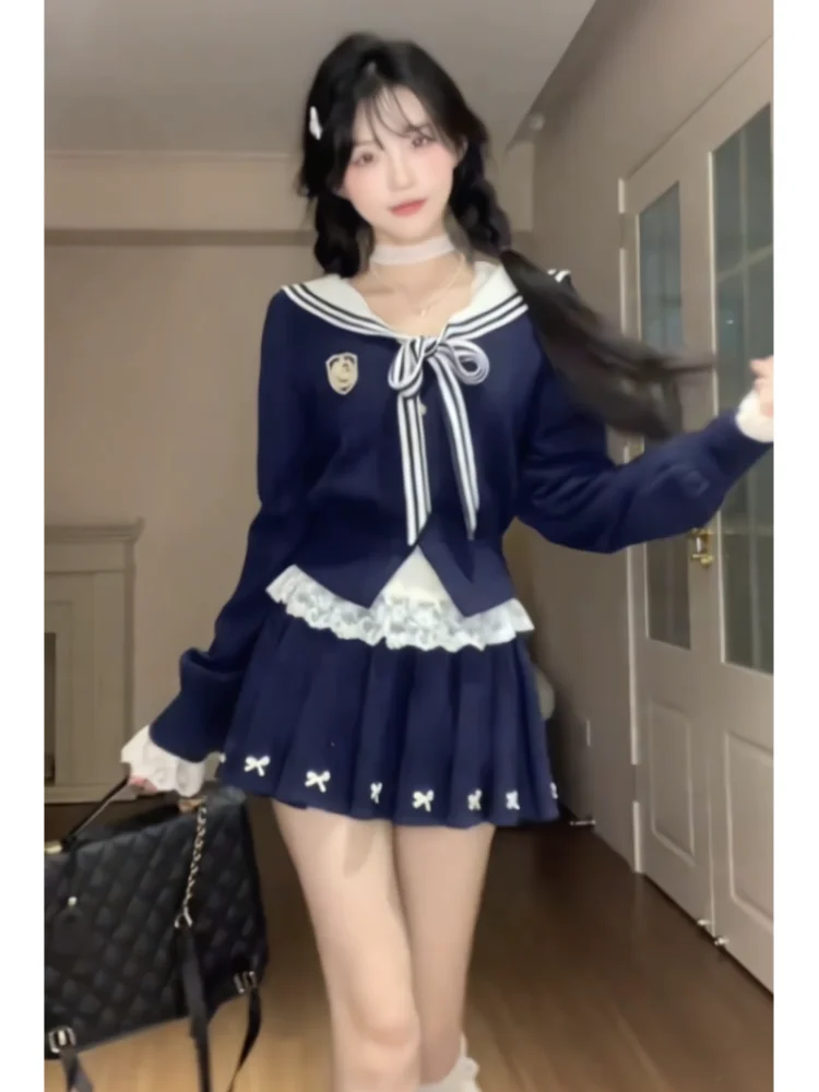 

Japan Two-Piece Suit Jk Women Fall Style Kawaii Sailor Collar Jumper Indie Lace-Up Long Sleeve Winter New Pullover Woman Cute