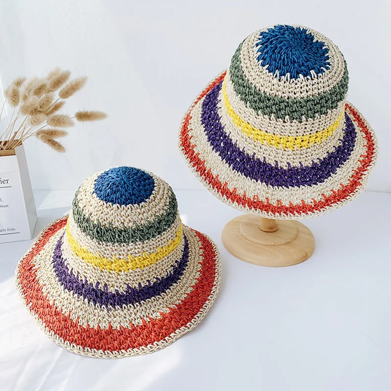 Spring Summer Outdoor Sun Cap Colorful Handmade Crochet Bucket Visor Hat Folded Beach Sunscreen Straw Rainbow Hats for Women