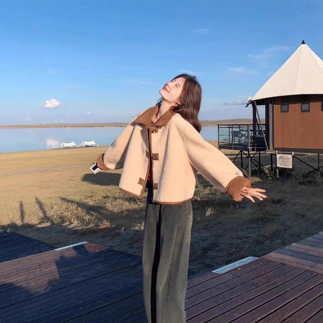 2025 Herbst Winter Neue Kleine Größe Doppelseitige Tragen Faux Wildleder frauen Jacke Herbst Vielseitig Faux Lamm Pelz mantel Kurzen Mantel