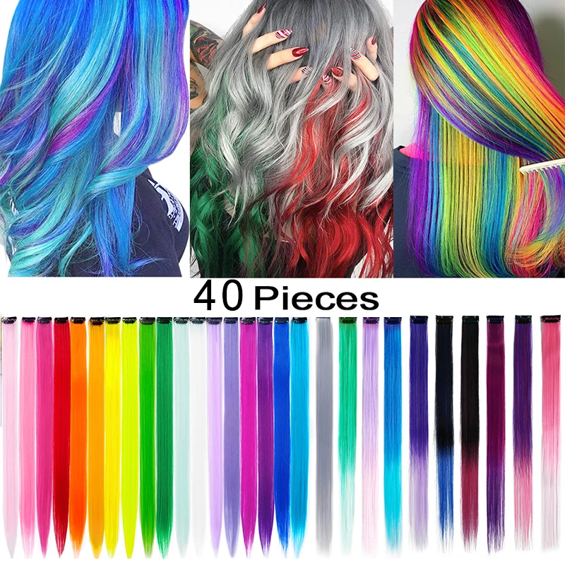 Rainbow Hair Extensions Clip in Party Highlights Colored Clip in Hair Extension for Women Straight Synthetic Clip in Hairpieces