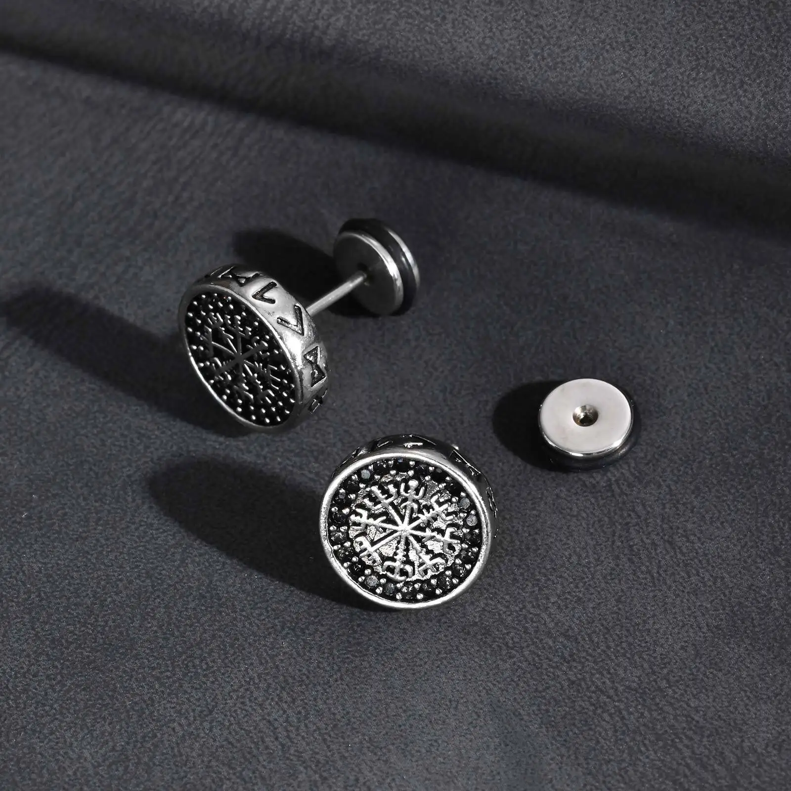 Vnox Viking Compass Zircon Stud Earrings, Copper Metal White Gold Plated Spiral Ear Post, Simple Jewelry Gift for Men Boys Him - Image 6