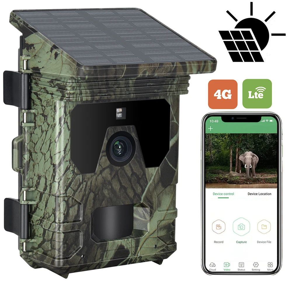 Solar Panel Battery Wildlife Trail Camera 4G SIM iPhone ISO/Android APP Remote Control Mobile Tracking Monitor Hunting IR Camera