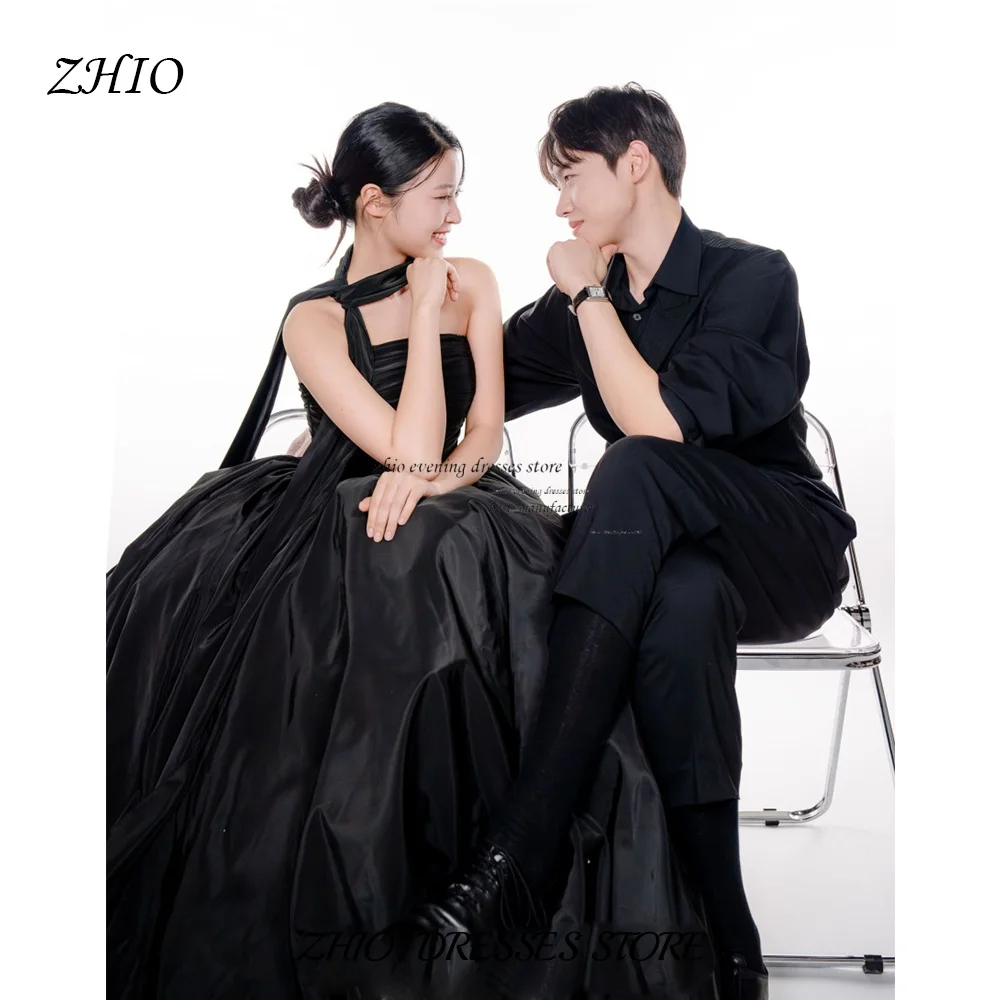 ZHIO Corea personalizado negro una línea vestido de novia tafetán corsé plisado vestido de novia sin tirantes hasta el suelo vestidos de novia