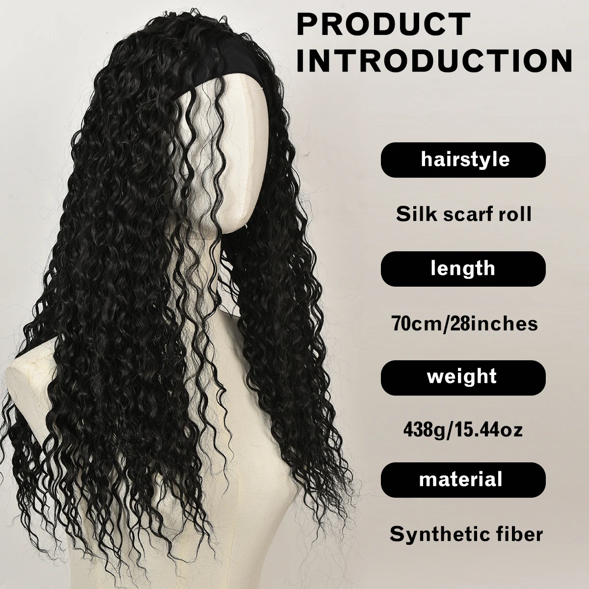 Synthetic black silk scarf small curly wig women's curly hair no bangs long curly hair heat-resistant headgear wig