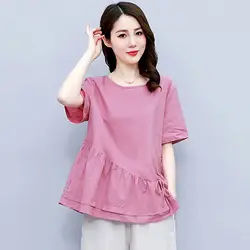 Summer New Simplicity Pleated Lacing Tops Tees Short Sleeve Solid Loose Street Casual T Shirts Vintage Fashion Women Clothing