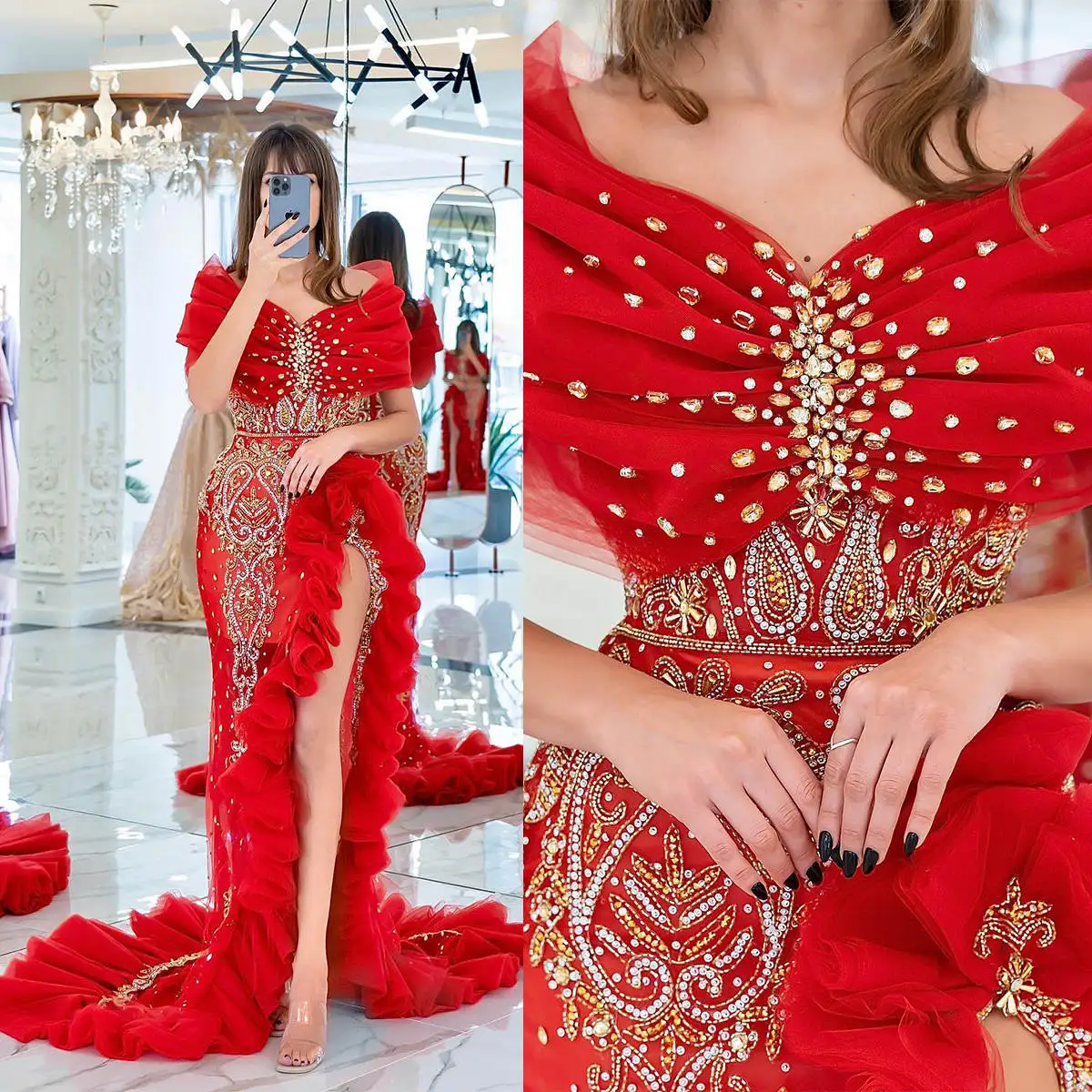 

Изысканные кристаллы и бисер с открытыми плечами Вечерние платья с высоким разрезом Русалка Пром платья с оборками Вечерние платья для вечеринки на заказ