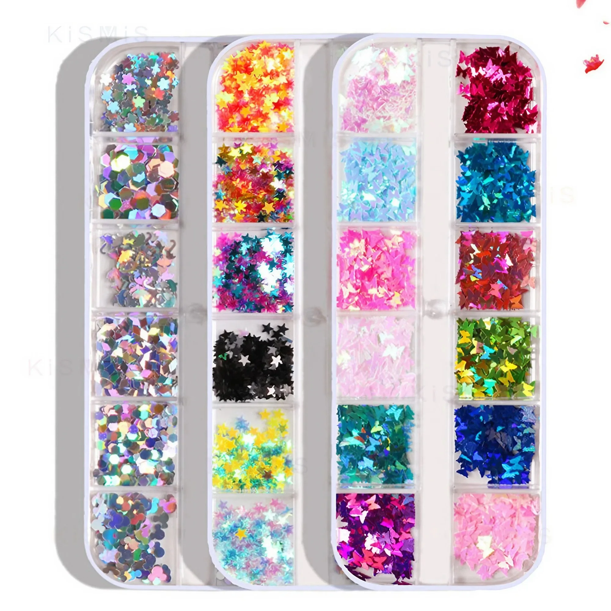 1 Box 12 Grids Holographic Nail Glitter Sequins Sparkly 3D Thin butterfly round stars geometric sequin Flakes Polish Decorations