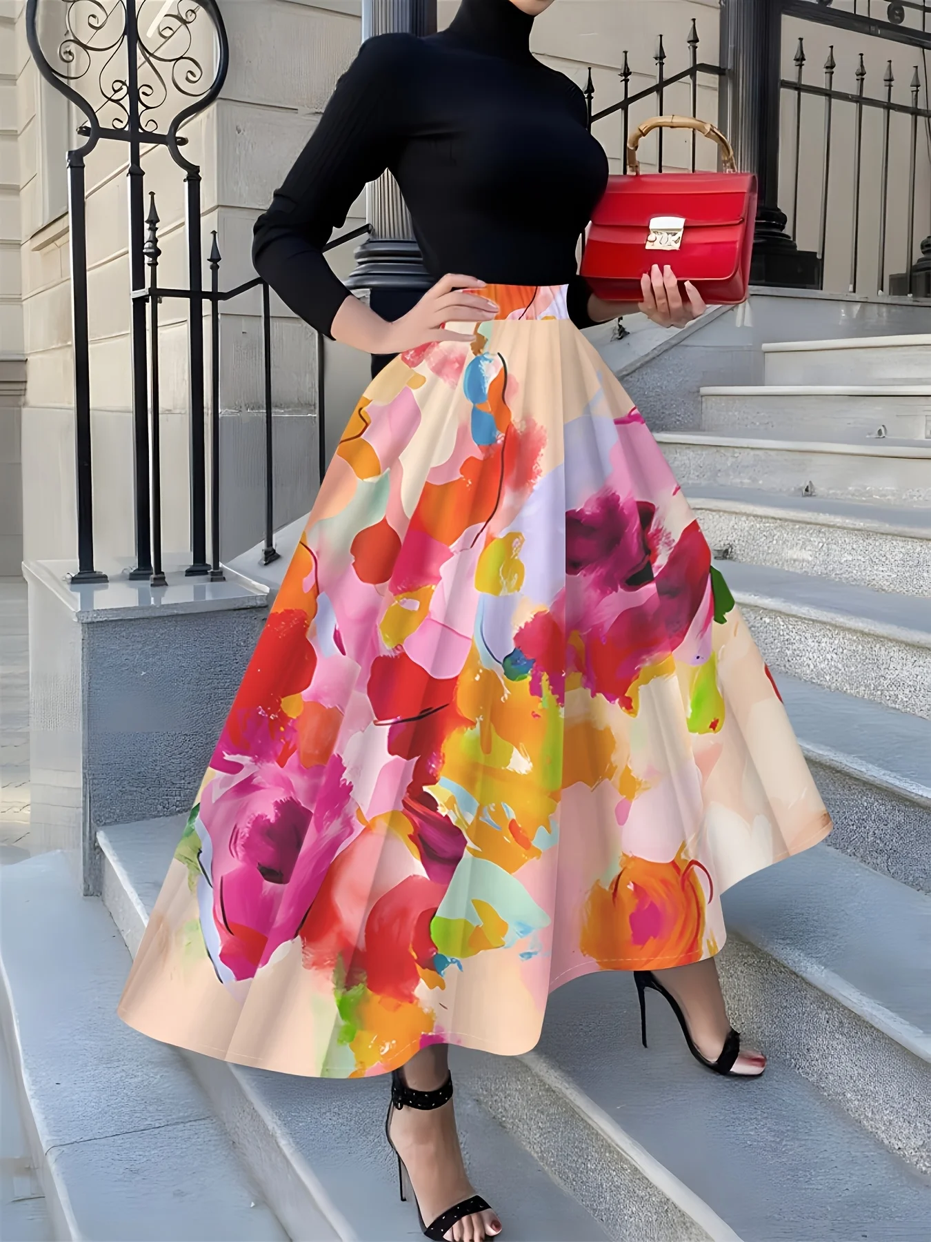 

Printed Design Four Seasons Abstract Flower Watercolor Pattern Printed Holiday Style Half Skirt