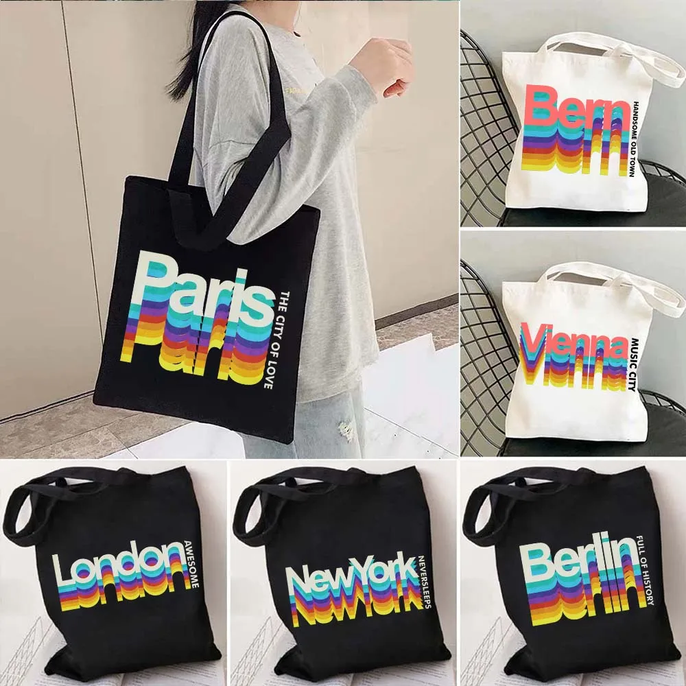 Холщовая большая сумка в стиле ретро с радужным буквенным принтом BERLIN Bern LONDON NEW YORK Ottawa PARIS Vienna Austria City Shopper, сумка на плечо Холщовая большая сумка в стиле ретро с радужным буквенным принтом BERLIN Bern LONDON NEW YORK Ottawa PARIS Vienna Austria City Shopper, сумка на плечо