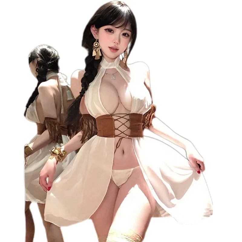 

2026 New Fashion Charm White Mature Girl Front Open Strap Set Lingerie Ancient Style Tassel Handband Sexy Battle Attire Dresses