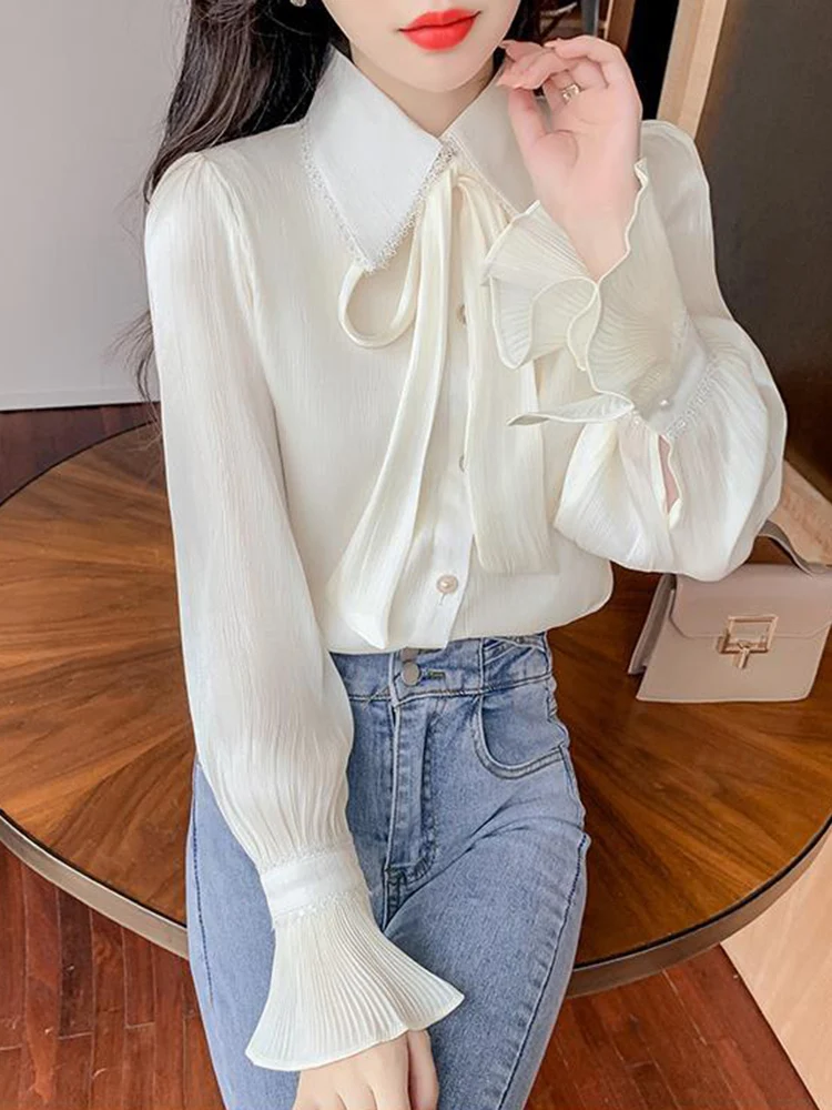 Jmprs Elegant Flare Sleeve Chic Shirt Women Sweet Fashion Bow Folds Blouse Korean Casual Office Lady Simple Spring Chiffon Tops