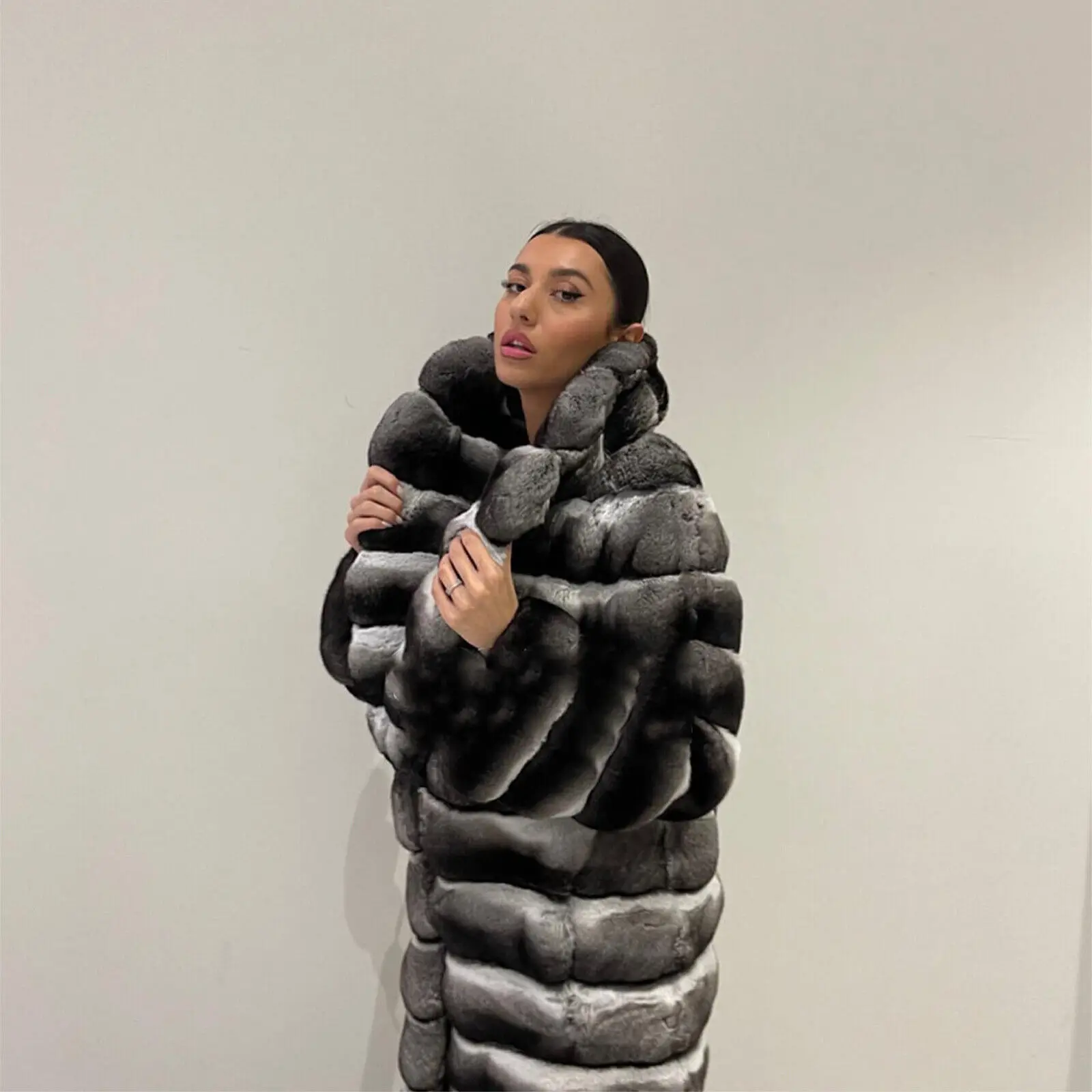 Women's Winter Real Rex Rabbit Fur Coat Luxury Chinchilla Warm Thick Overcoat Fashion Genuine Natural Fur Shawl Collar Outwear