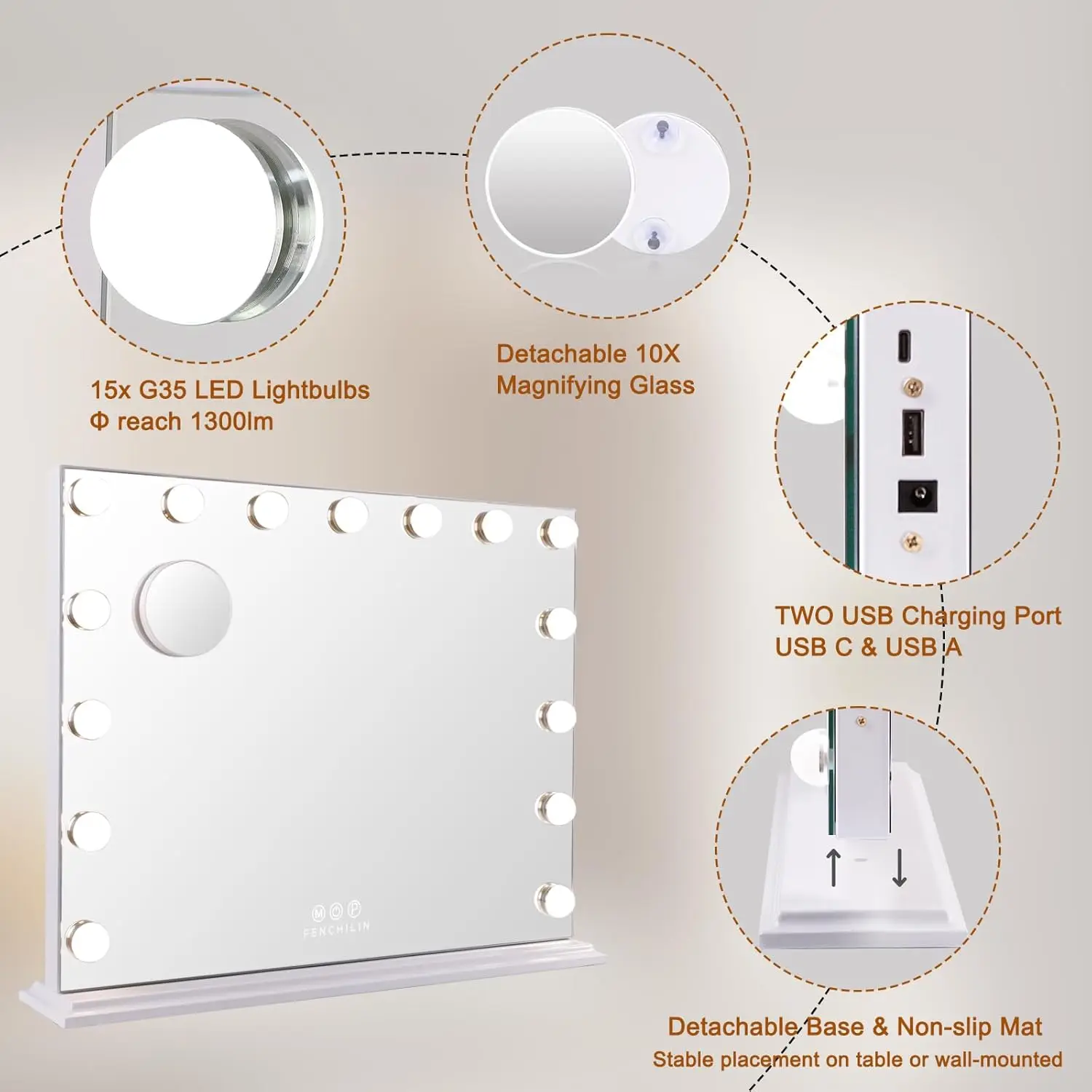 Hollywood Lighted Makeup Mirror with Dimmable LEDs, Adjustable Colors, and USB/Type-C Charging for Bedroom