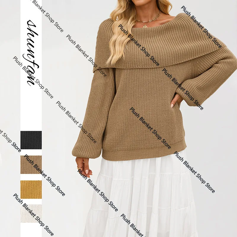 Новинка 2025 года, осенне-зимняя европейская и американская женская одежда T tiktop, свободный вязаный свитер, пуловер, свитер с одним словом на плечах Новинка 2025 года, осенне-зимняя европейская и американская женская одежда T tiktop, свободный вязаный свитер, пуловер, свитер с одним словом на плечах