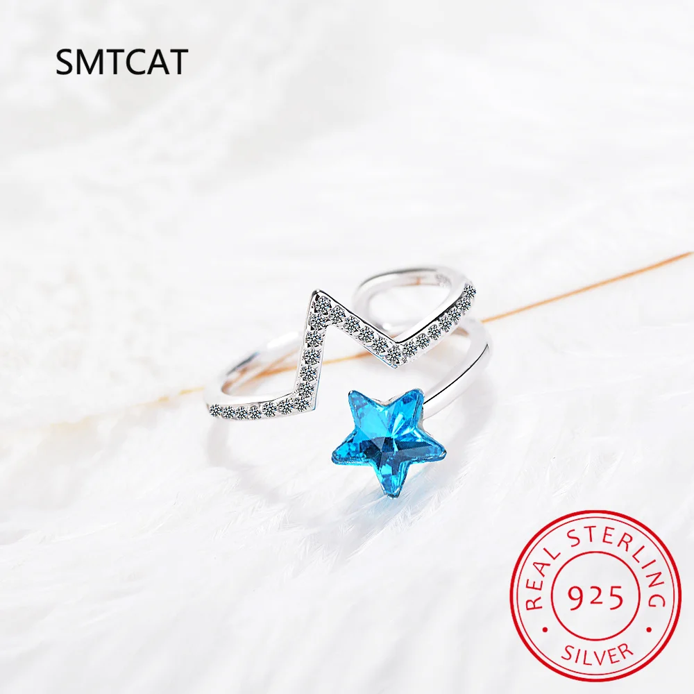 

Звездный натуральный синий топаз, стерлинговое серебро 925 пробы, двухслойное V-образное открывающееся кольцо для женщин, драгоценный камень, ювелирные изделия, подарок на день рождения