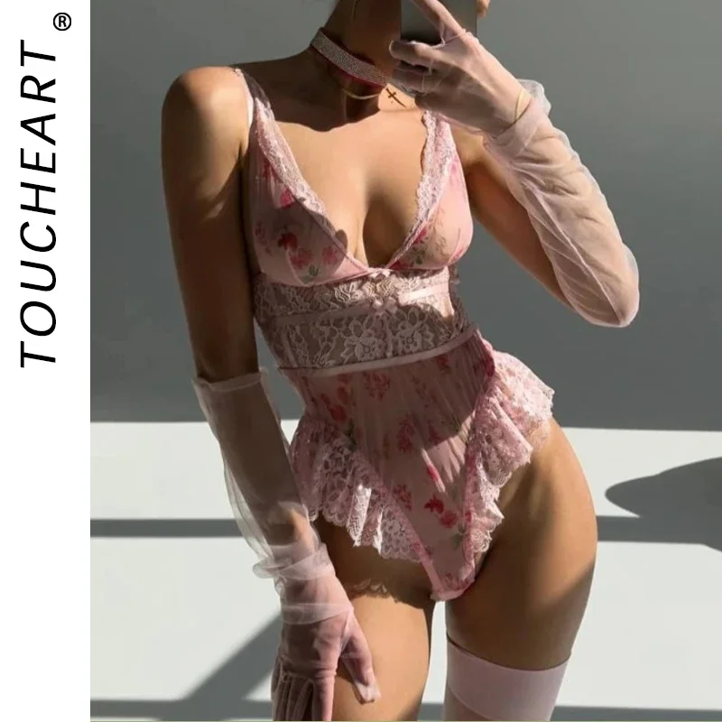 

Toucheart Women See-through Lace Bow Knot Interesting Underwear Dress Skinny Backless Hollow Out Broken Flowers Sexy Skirt