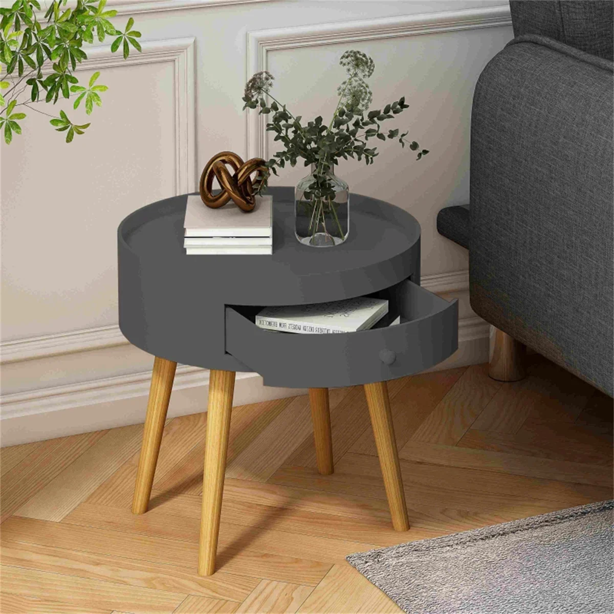 

15" Gray Square Coffee Table w/Drawer - MDF Top, Oak Legs, 45lb Capacity, Space-Saving Design