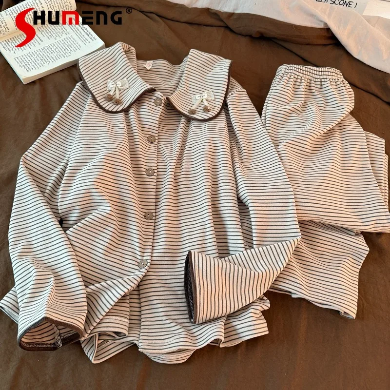 

Новые женские коричневые полосатые пижамные костюмы, теплая студенческая одежда для отдыха с милым бантом, женская осенне-зимняя домашняя одежда, комплект из чистого хлопка