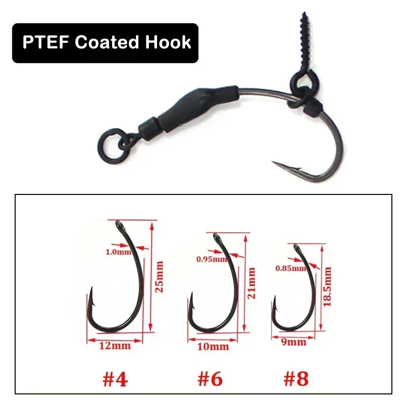 3PCS Carp Fishing Hook PTEF Coated Barbed Carp Hook Ready Tied Spinner Ronnie Rig Hook Links Hair Combi Chod Rig 4 6 8